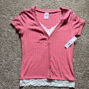 No Boundaries Pink Ribbed Button-Front Top with White Lace Trim